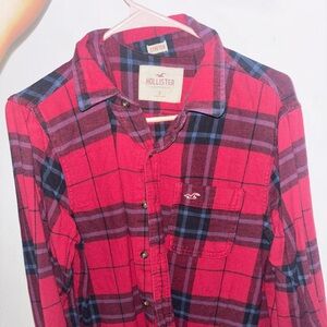 Hollister Red and Navy Plaid Flannel Button-Up